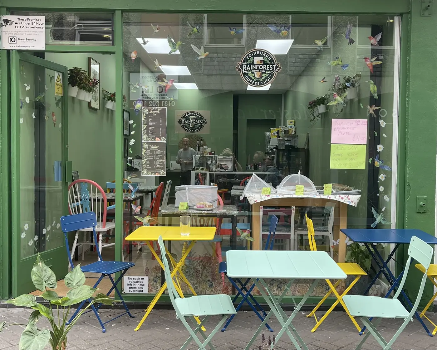 The Rainforest's green shopfront on Rose Street with hummingbird decals and colourful bistro tables